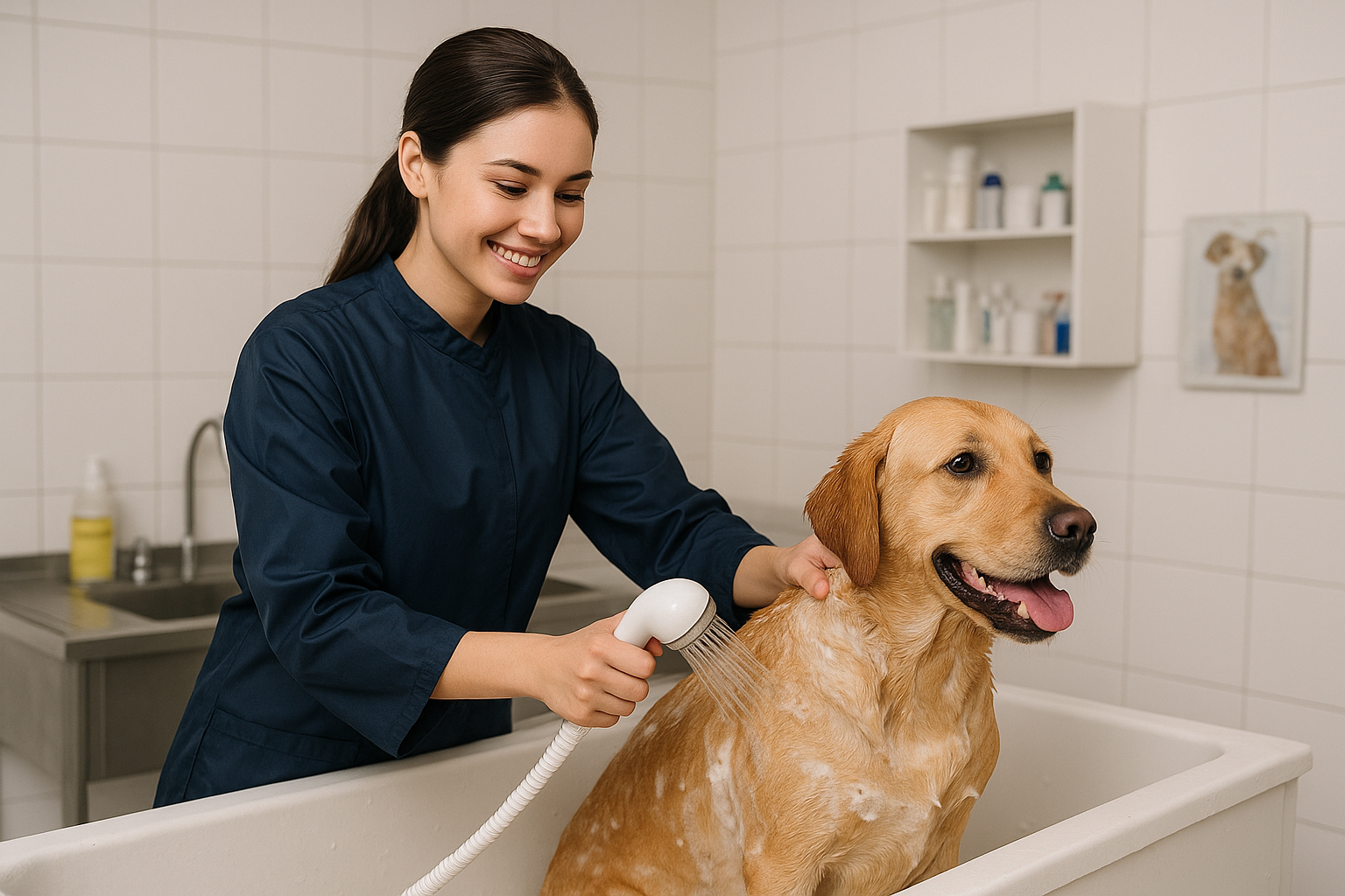 Profesional de peluquería canina bañando y cortando pelo a mascota